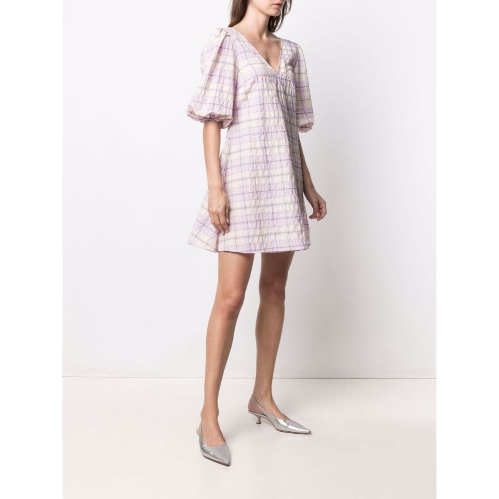 NWT! Ganni‎ Seersucker V-Neck Dress Orchid Bloom - DK34 Orchid Bloom